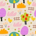 Seamless pattern with cartoon trees, birds, clouds, flowers, decor elements on a neutral background. colorful vector for kids, fla Royalty Free Stock Photo